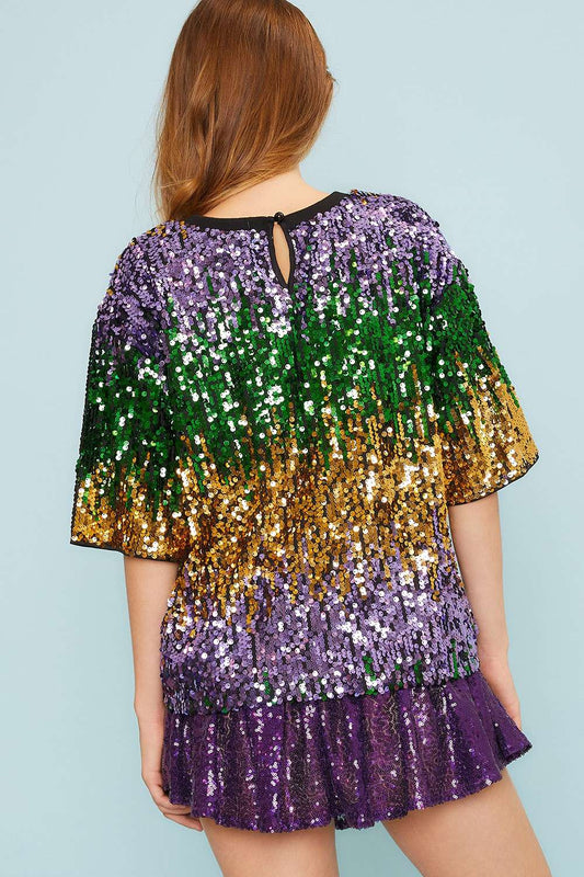 Mardi Gras Color Block Sequin Round Neck Top