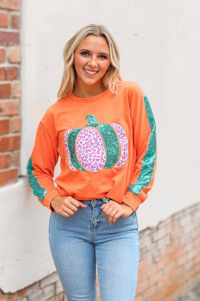 Orange Pumpkin Sequin Sleeve Sweater