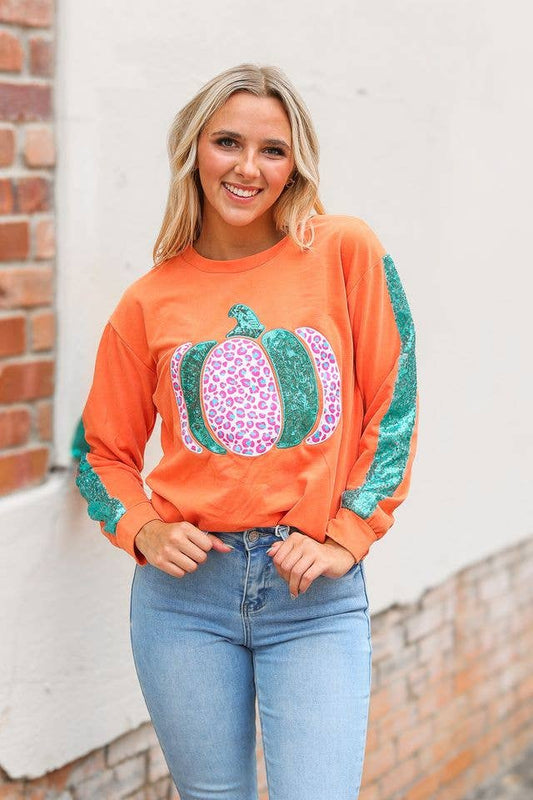 Orange Pumpkin Sequin Sleeve Sweater