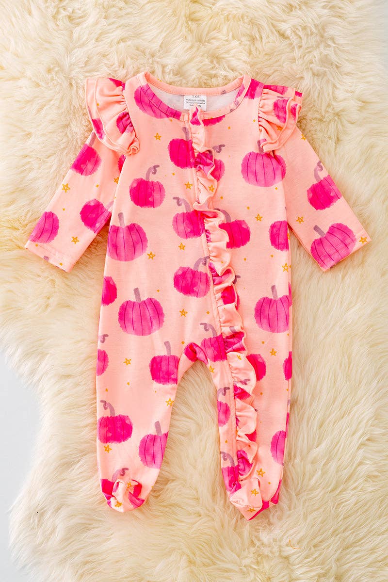 Hot Pink Pumpkin Printed Baby Onesie with Ruffle Trim