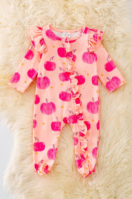 Hot Pink Pumpkin Printed Baby Onesie with Ruffle Trim