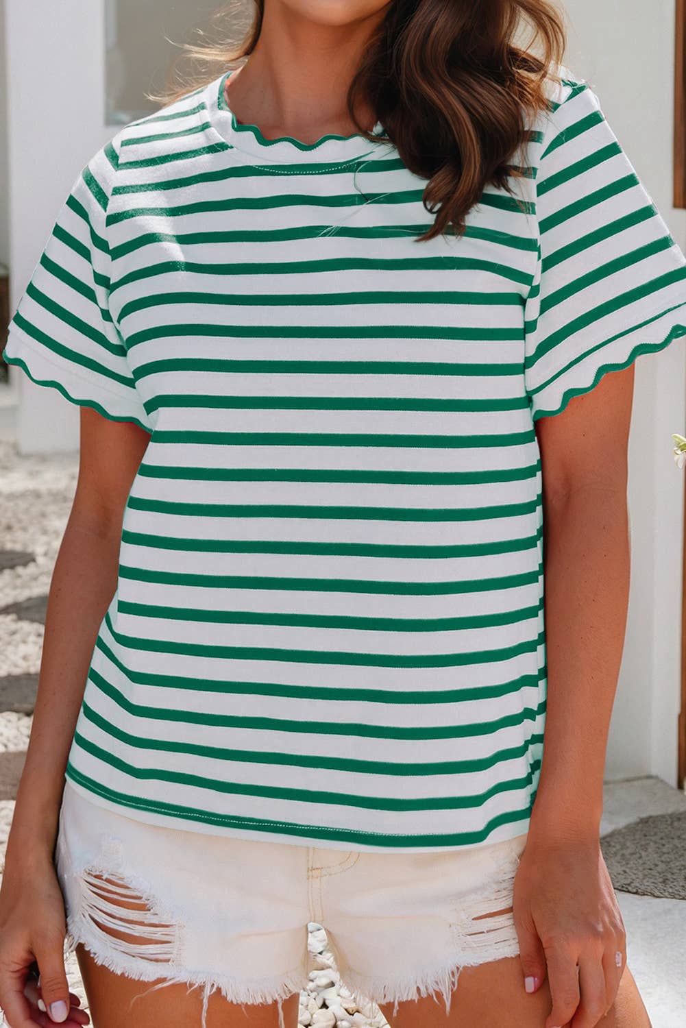 Scalloped Trim Round Neck Stripe Tee