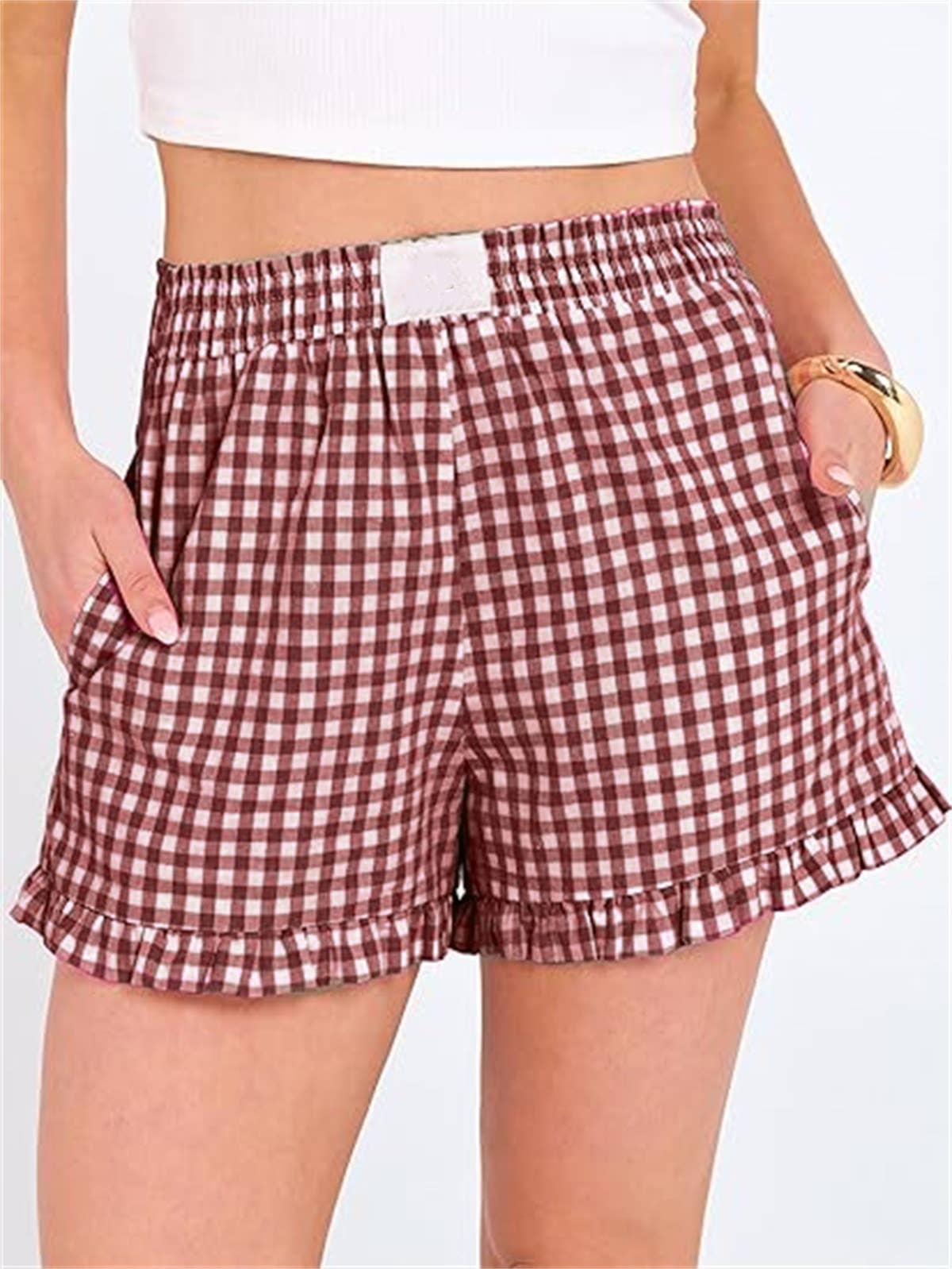 Red Check Print Ruffle Shorts