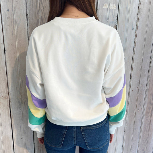White Sweatshirt with Pastel Mardi Gras Stripes