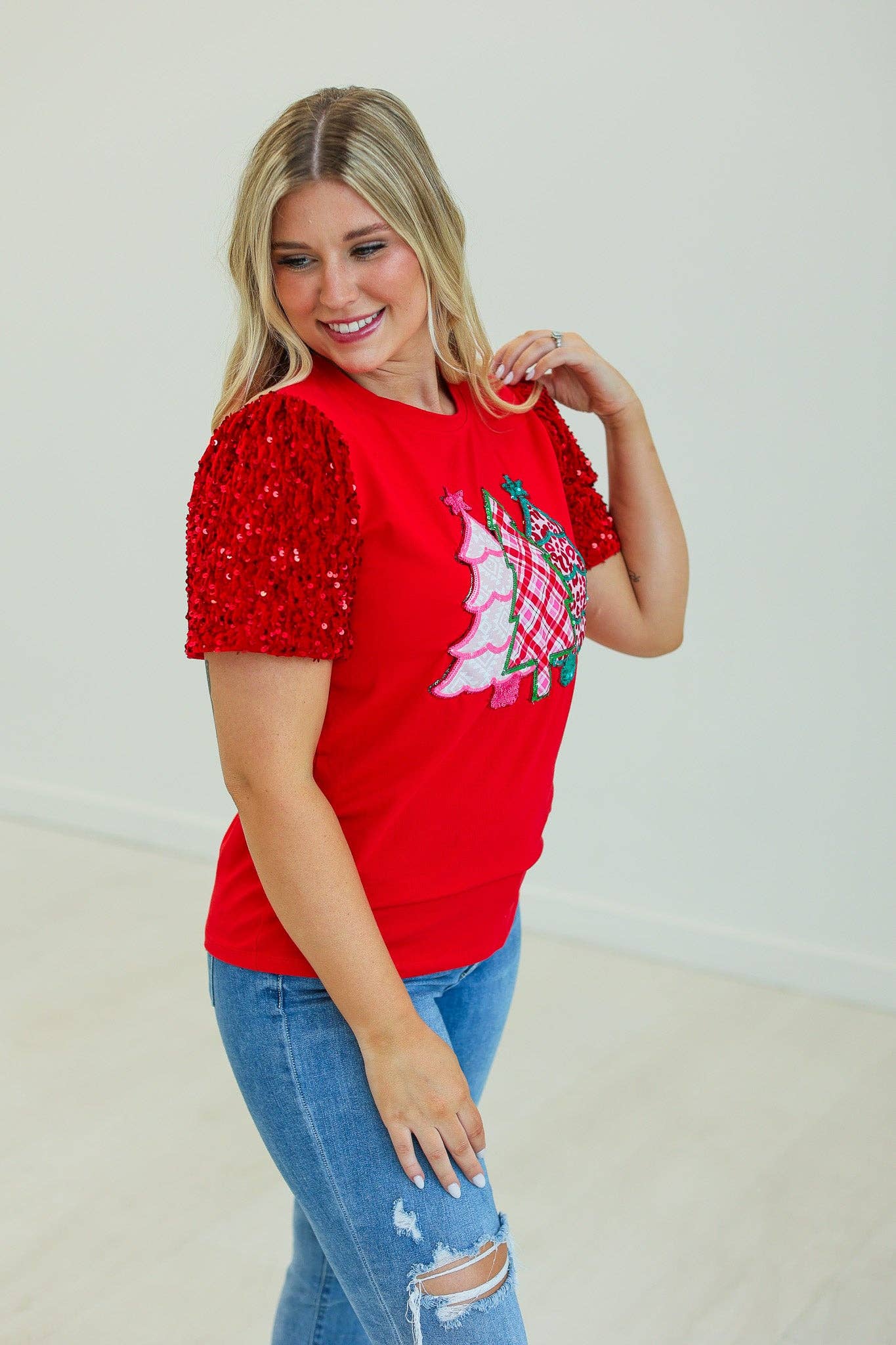 Christmas Tree Patch Top- Red