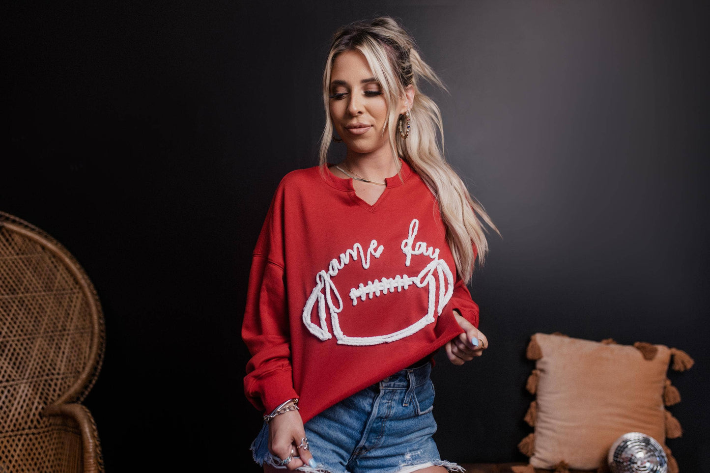 Game Day Rope Embroidery Crop Sweatshirt- Red