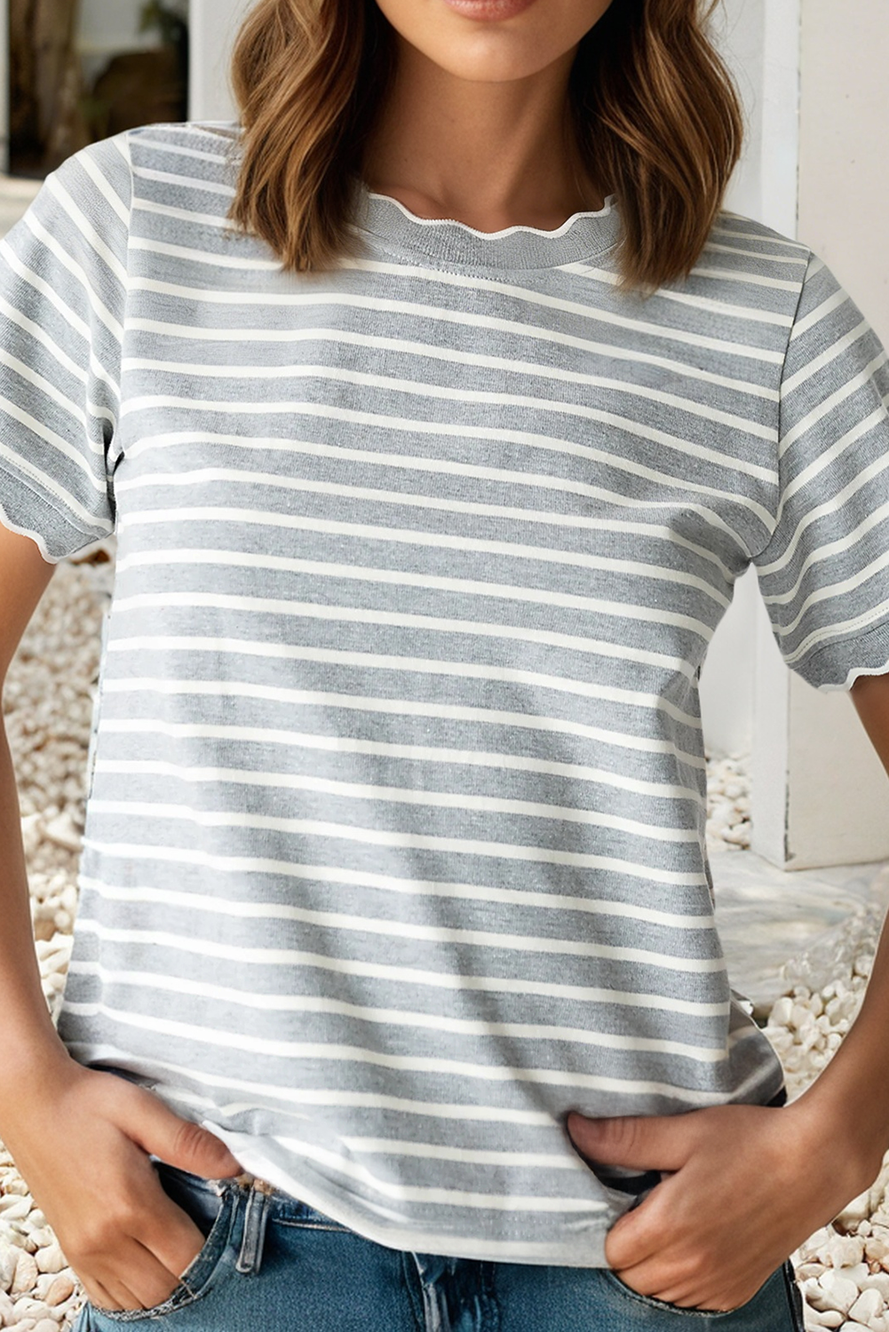 Scalloped Trim Round Neck Stripe Tee