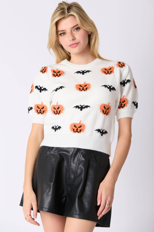 Halloween Pumpkin & Bat Pattern Puff Sleeve Sweater- White