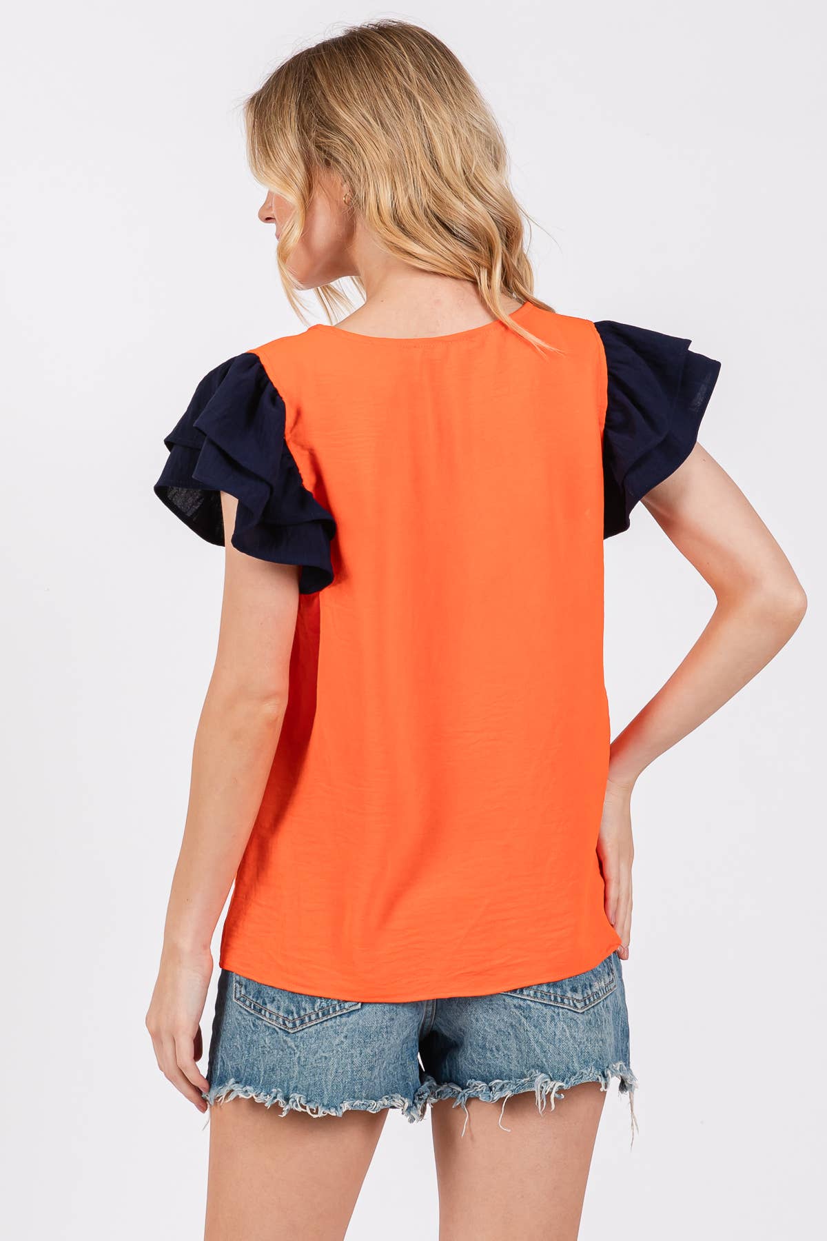 Game Day Contrast V-neck Flutter Sleeve Top- Purple/ Yellow