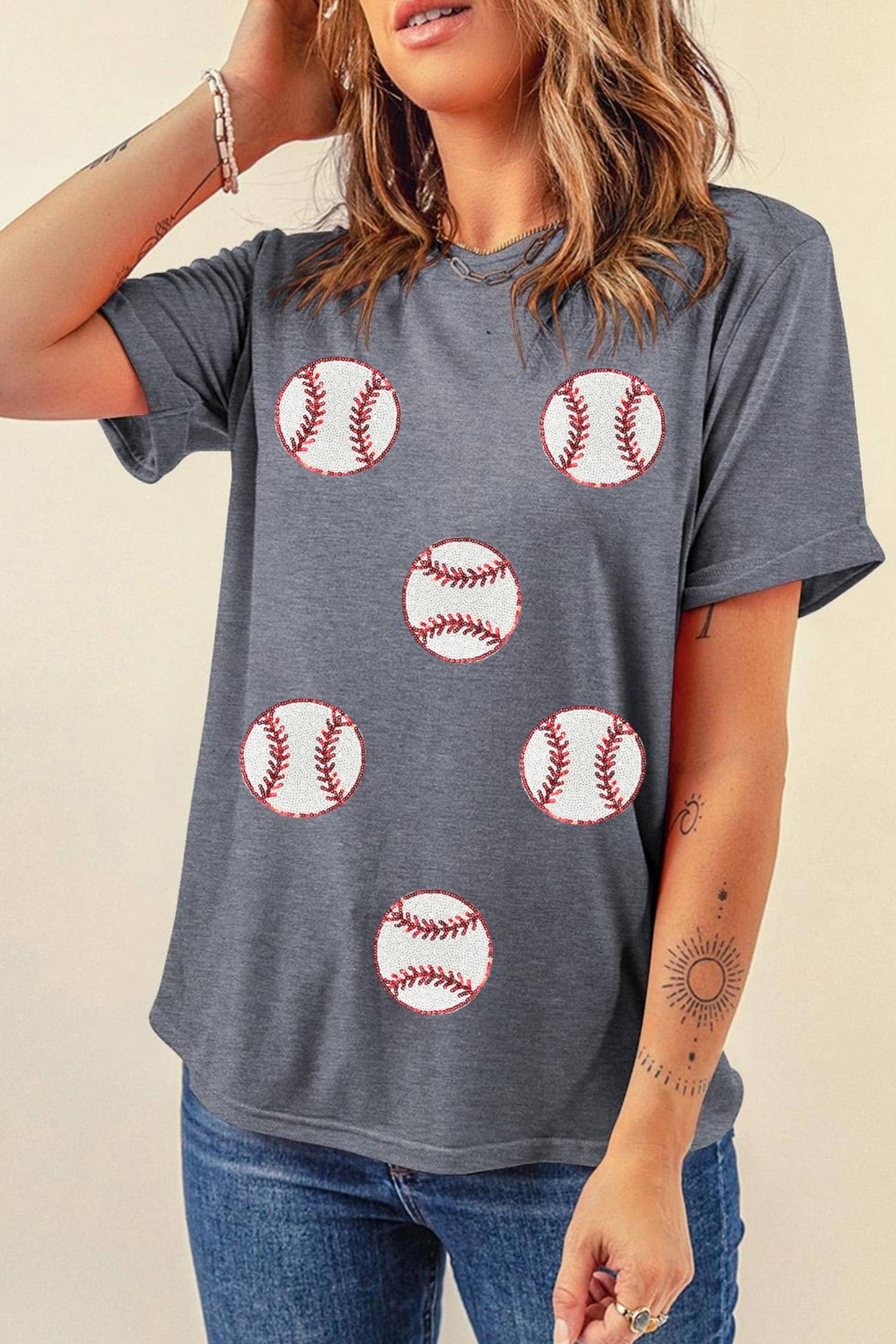 Sequin Basball Patch Graphic T Shirt