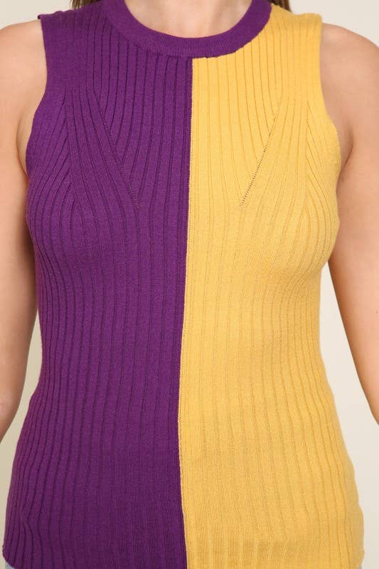 Game Day Contrast Sweater Ribbed Top- Purple/ Yellow