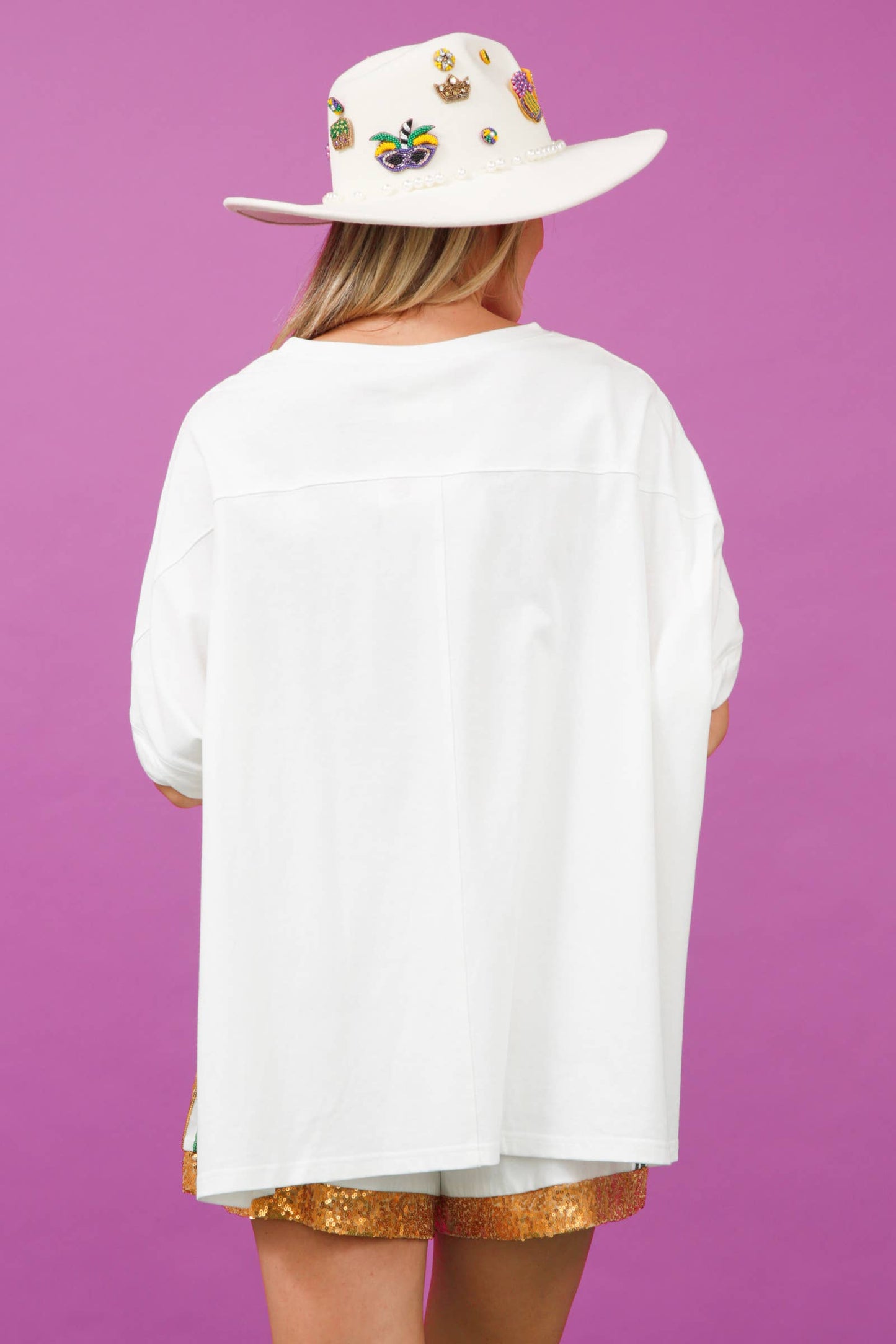 Sequin Mardi Gras Masks Loose Fit Shirt- White