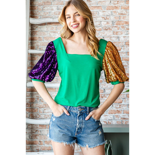 Mardi Gras PGG Sequin Puff Sleeve Top Kelly Green Belly
