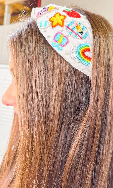 Teacher Stuff Seed Bead Headband- White