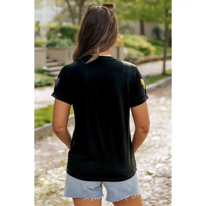 Mardi Gras Sequin Bow Knot Tee- Black