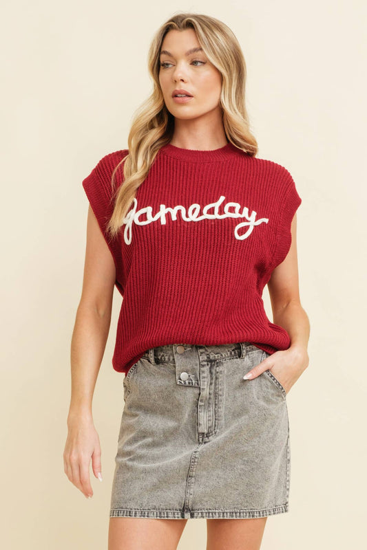 Gameday Embroidered Sleeveless Sweater Vest- Burgundy