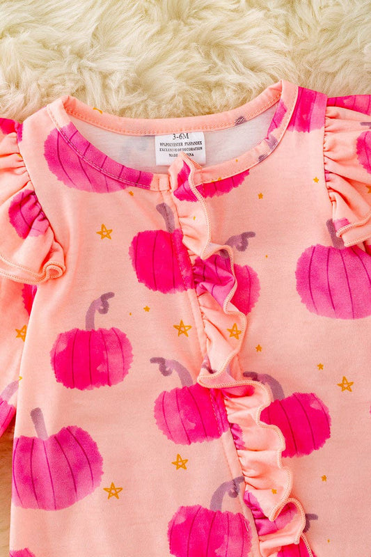 Hot Pink Pumpkin Printed Baby Onesie with Ruffle Trim