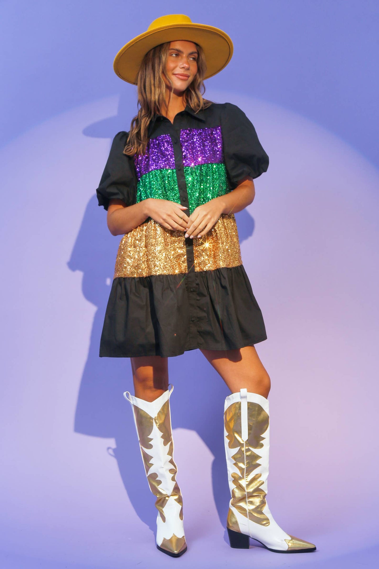 Sequin Color Block Shirt Dress - Black Multi