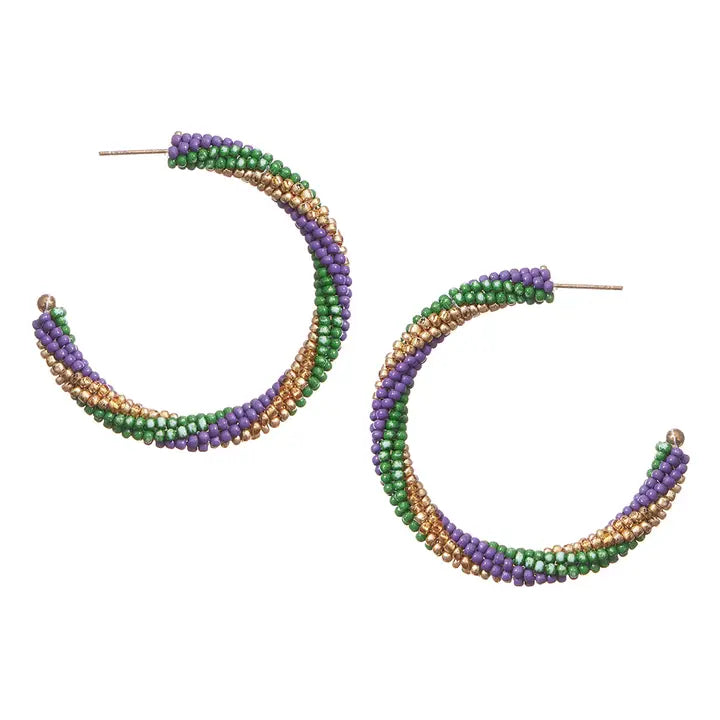 Mardi Gras Seed Beaded Hoop Earrings