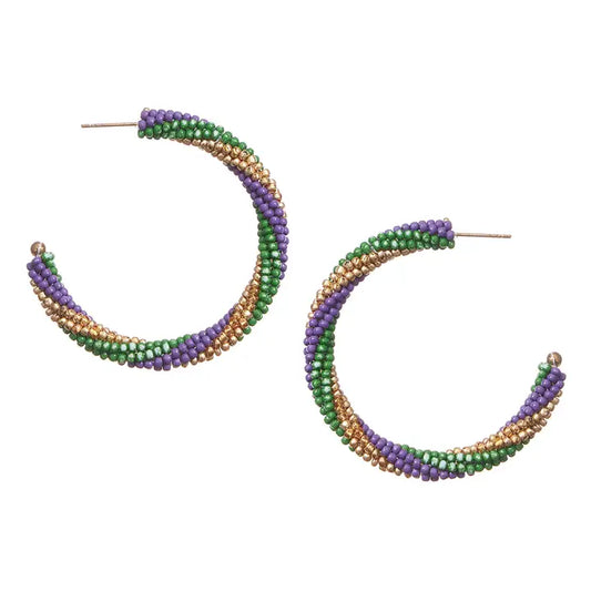 Mardi Gras Seed Beaded Hoop Earrings