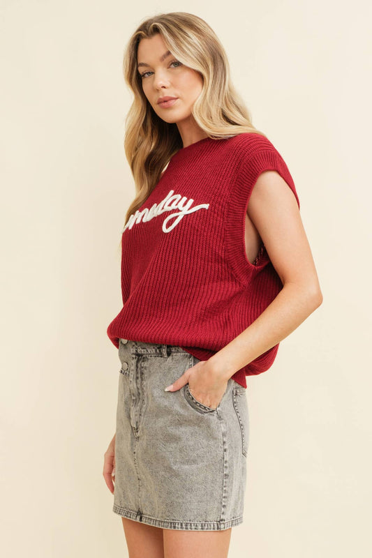 Gameday Embroidered Sleeveless Sweater Vest- Burgundy