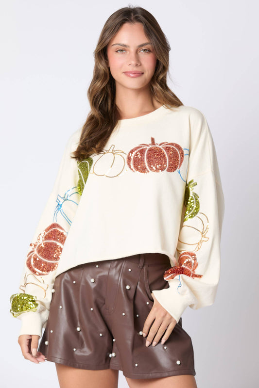 Thanksgiving Pumpkin Sequins Embroidery Sweatshirt- Cream