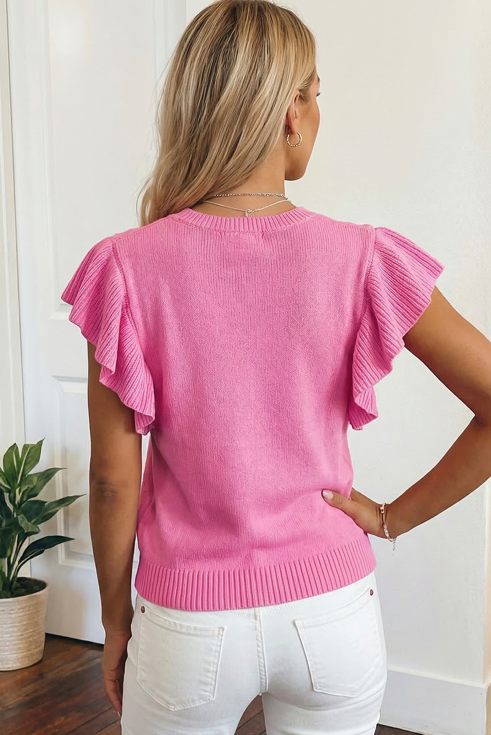 Ribbed Trim Round Neck Ruffle Short Sleeve Sweater