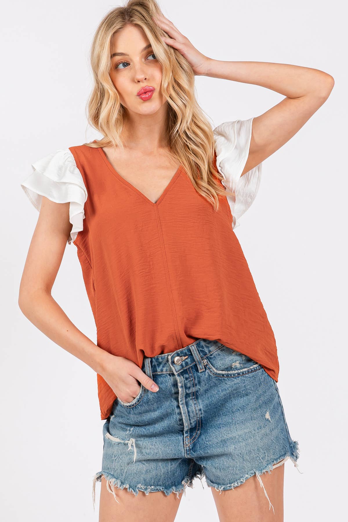 Game Day Contrast V-neck Flutter Sleeve Top- Crimson/ White