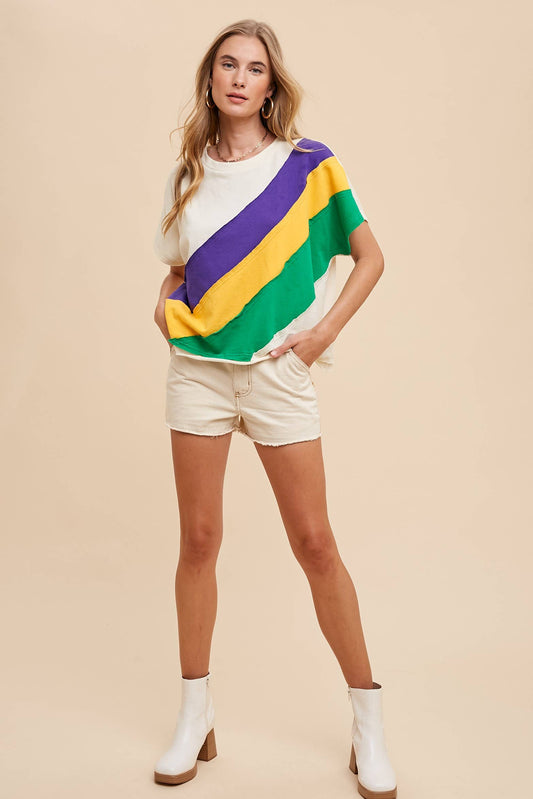 Mardi Gras Asymmetrical Color Block Pullover- Cream Combo