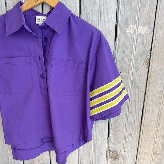 Stripe Sleeve Poplin- Purple & Yellow