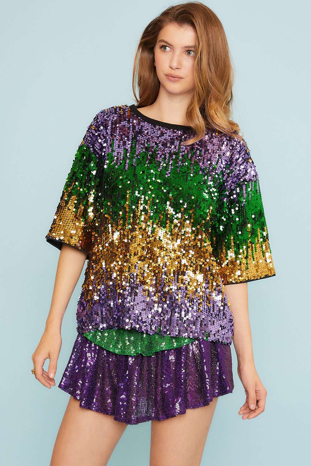 Mardi Gras Color Block Sequin Round Neck Top