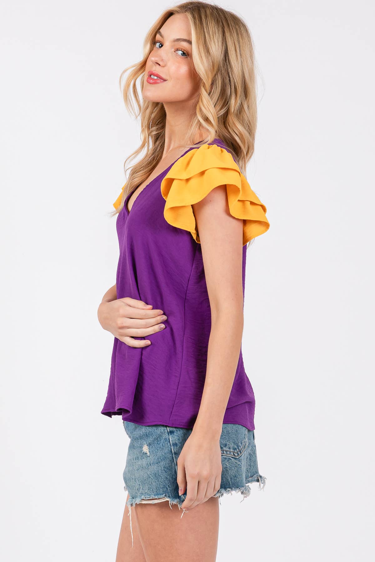 Game Day Contrast V-neck Flutter Sleeve Top- Crimson/ White