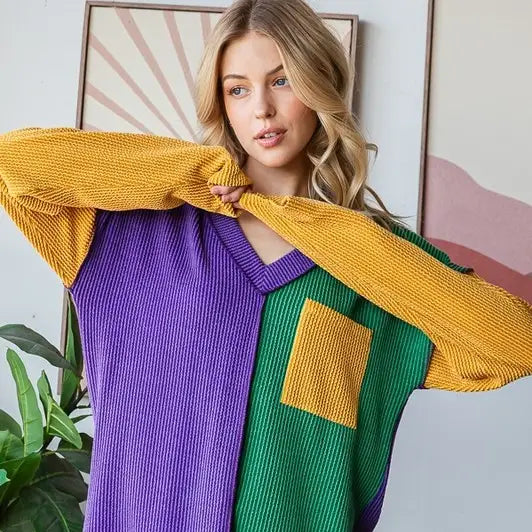 Mardi Gras Ribbed Long Sleeve Top