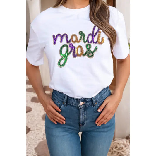 Mardi Gras Sequin Letter Print Tee- White