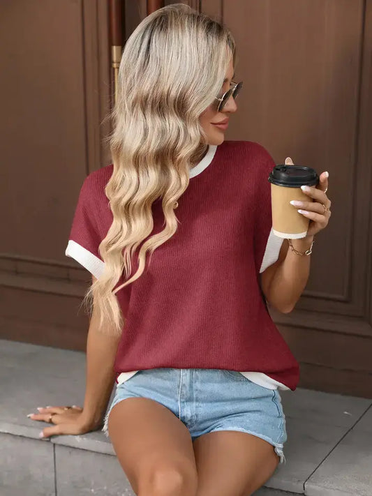 Contrast Trim Ribbed Short Sleeve