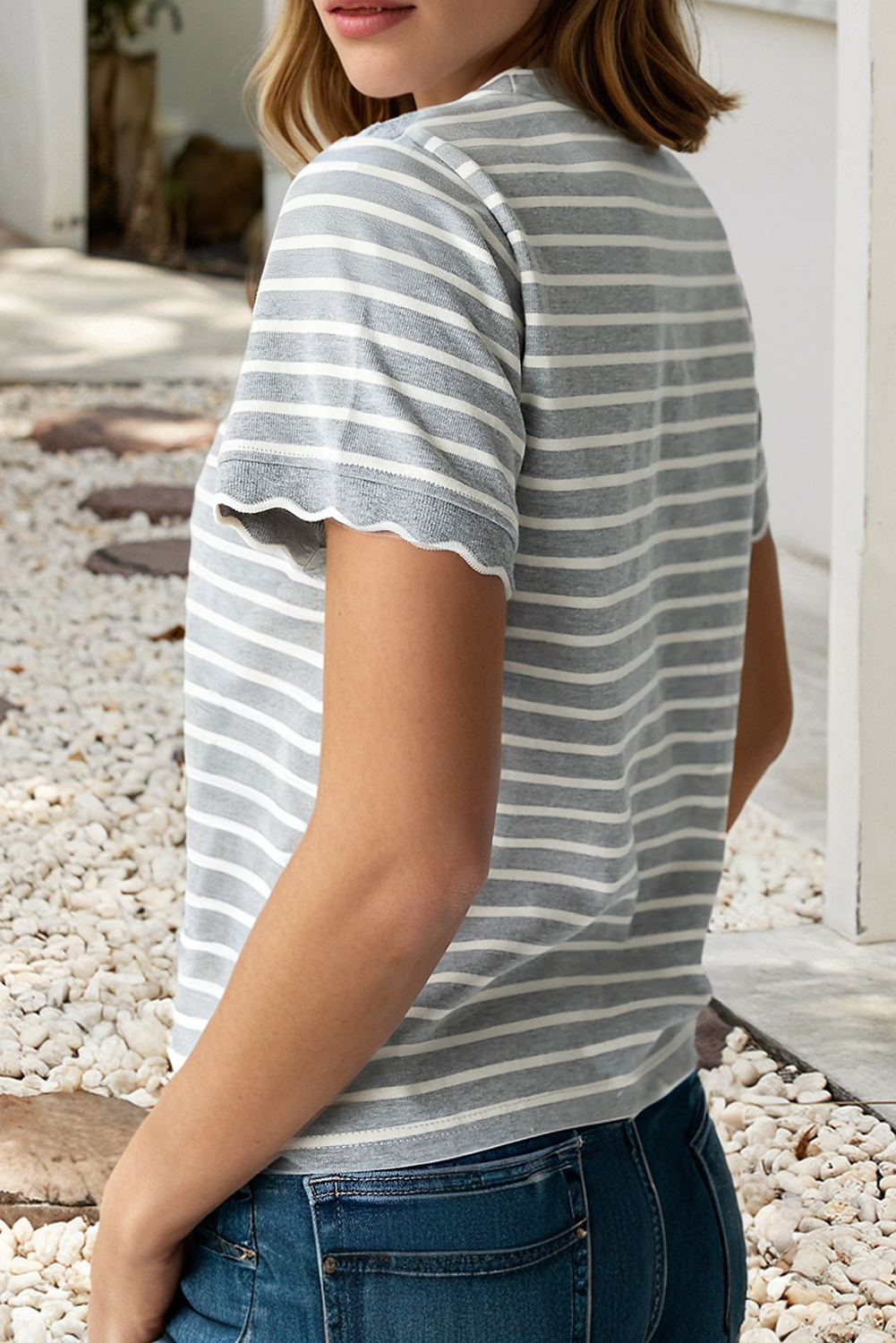 Scalloped Trim Round Neck Stripe Tee