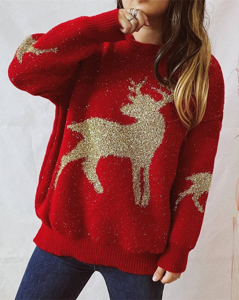 Fawn Gold Christmas Knitted Sweater- Red