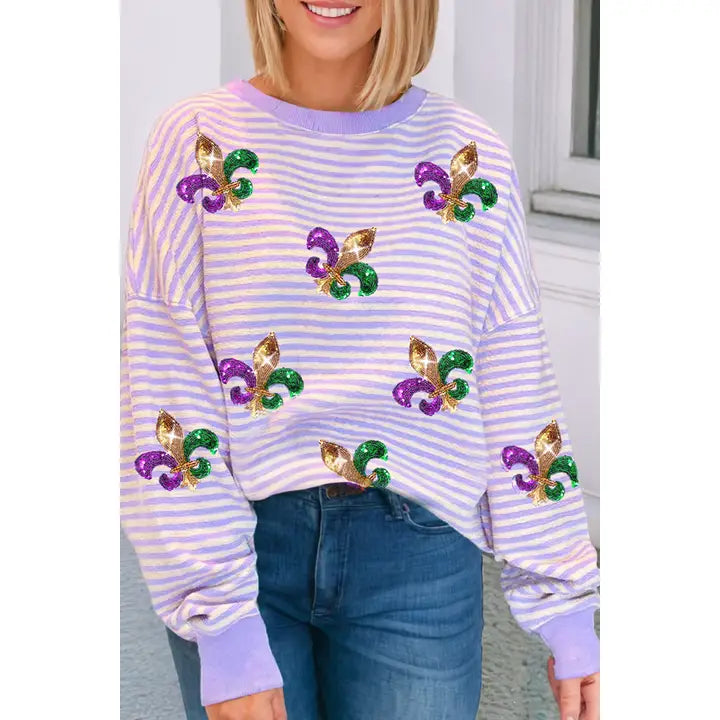 Fleur De Lis Sequin Patched Pattern Long Sleeve Tee- Purple