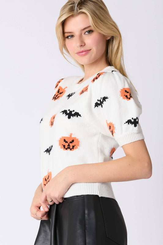 Halloween Pumpkin & Bat Pattern Puff Sleeve Sweater- White