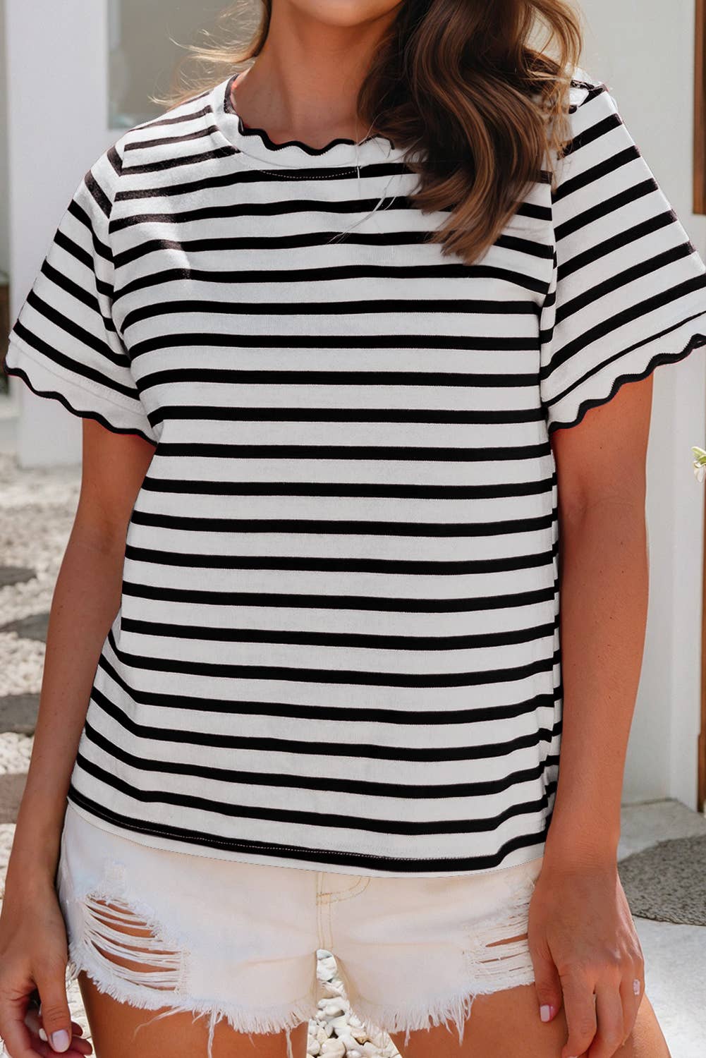 Scalloped Trim Round Neck Stripe Tee