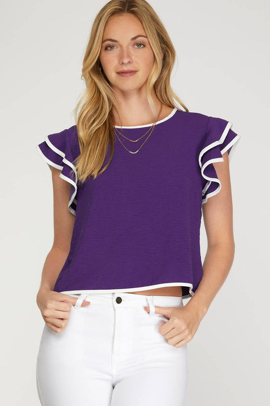 Game Day Ruffle Sleeve Contrast Piping Top- Purple
