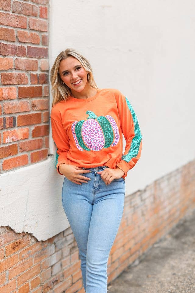 Orange Pumpkin Sequin Sleeve Sweater