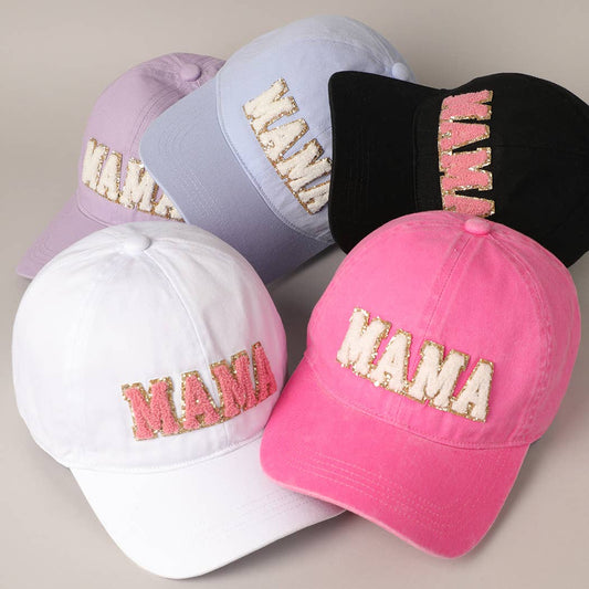MAMA Chenille Letter Patch Cotton Baseball Cap- Hot Pink