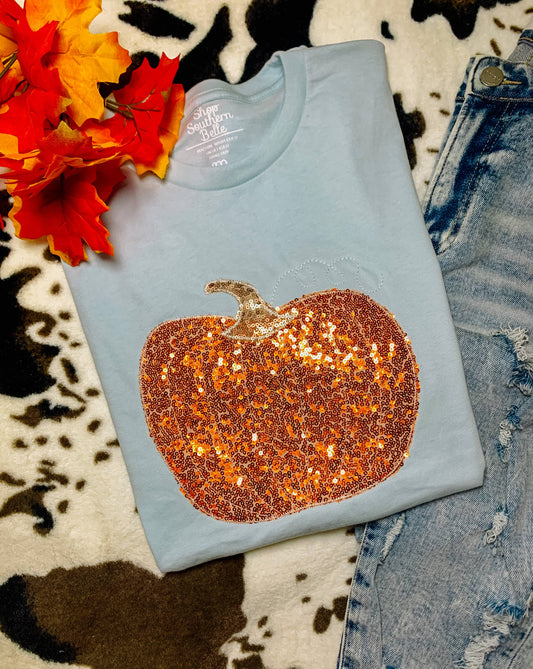 Orange Sparkle Pumpkin on Blue Tee