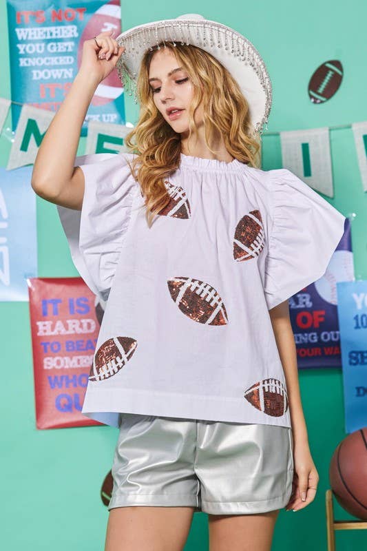 Football Sequin Patch Solid Poplin Blouse- Black