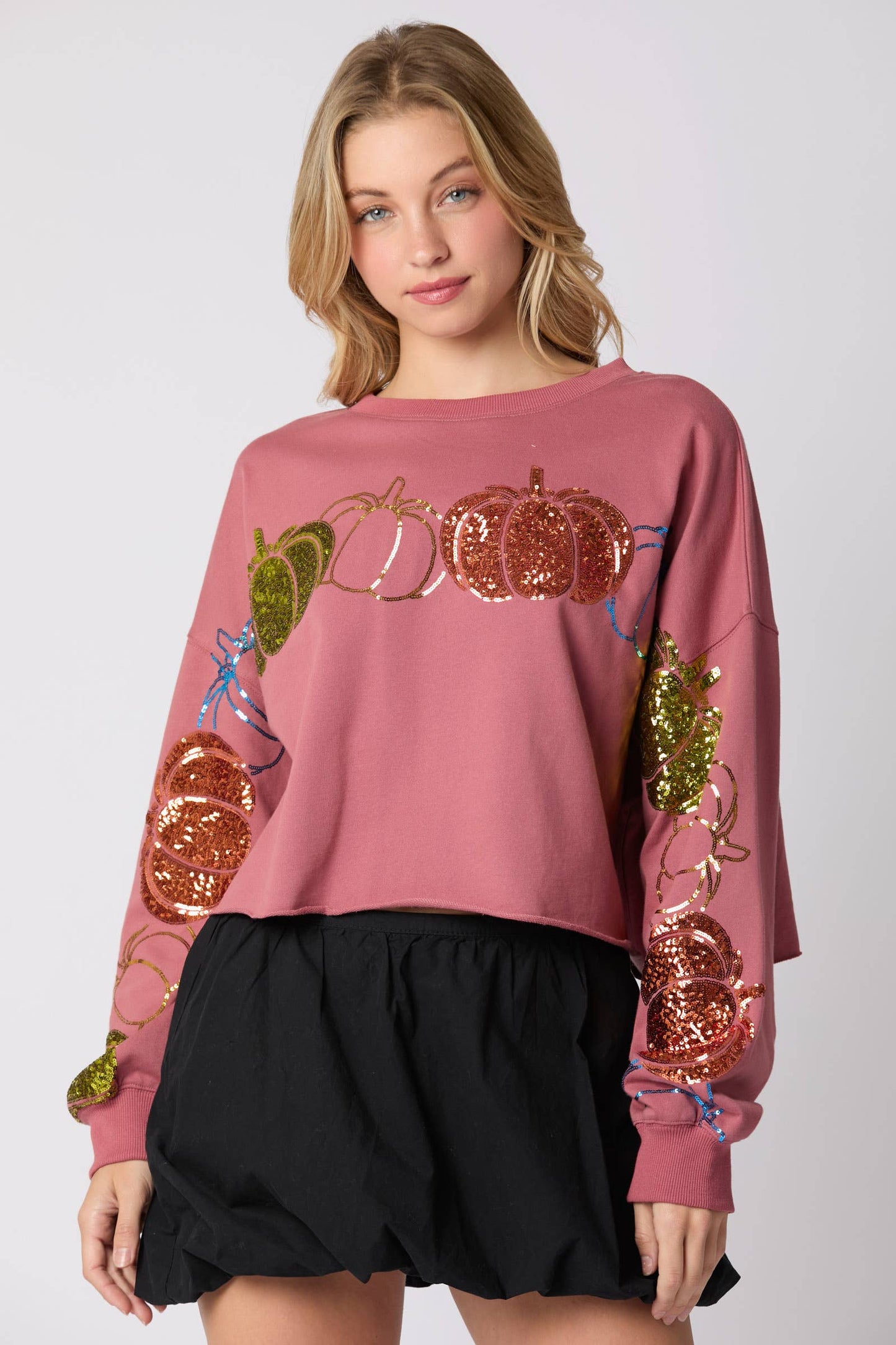 Thanksgiving Pumpkin Sequins Embroidery Sweatshirt- Cream