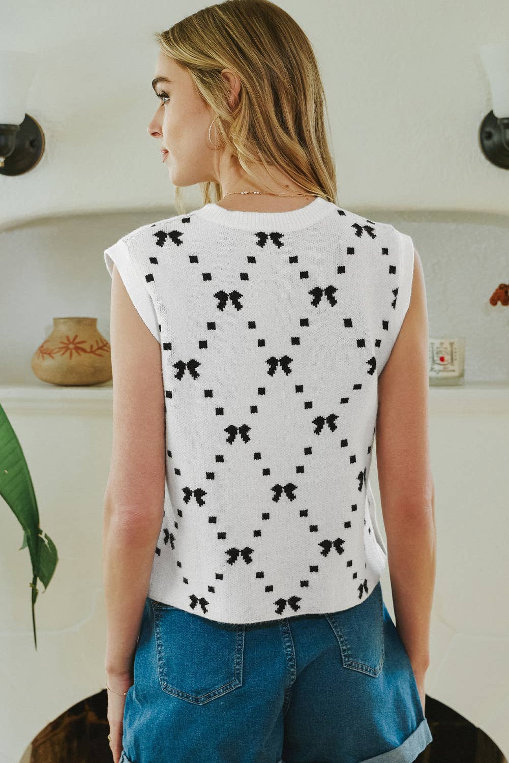 Fashion-W Preppy Vibes Bow Print Zipped Collar Sweater Tee- White