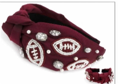 Maroon with White Seed Bead Football Gameday Headband