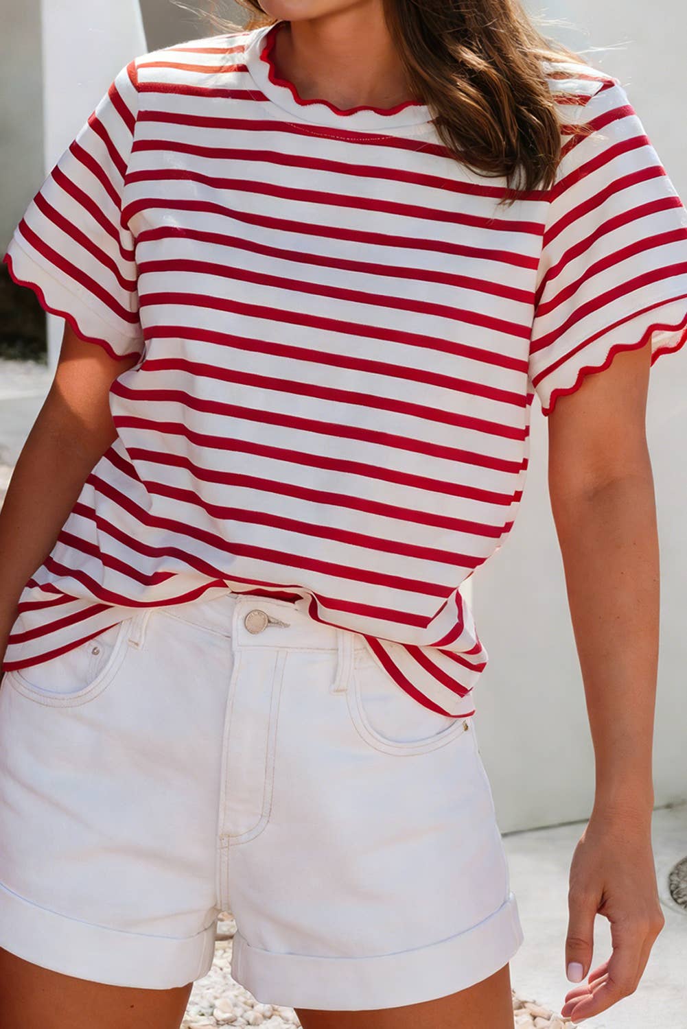Scalloped Trim Round Neck Stripe Tee