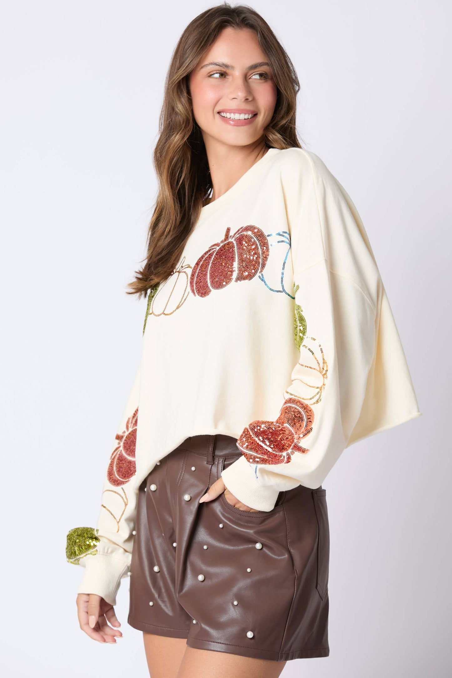 Thanksgiving Pumpkin Sequins Embroidery Sweatshirt- Cream